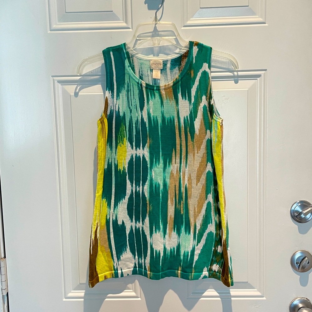 Chico's Green Yellow Tan White Southwestern Knit Sleeveless Top Size Small / 0